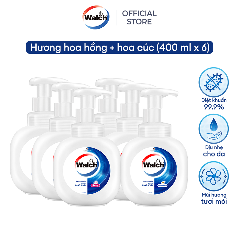 Combo 6 Bọt rửa tay kháng khuẩn Walch dưỡng da tay mềm mịn (400ml)