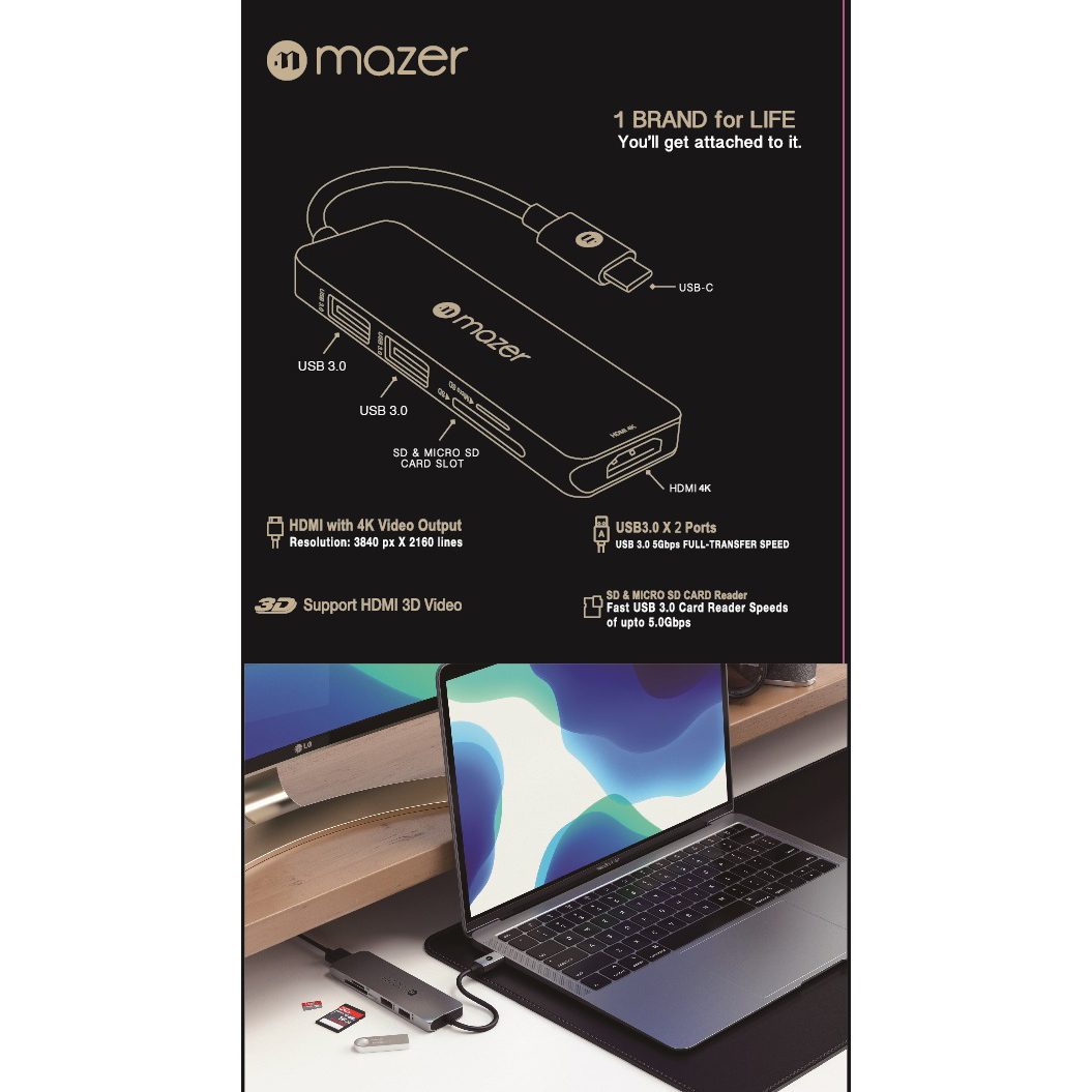 Hub Chuyển Đổi Mazer USB-C to HDMI4K + USB 3.0X2 + SD/Micro SD Adapter - Hàng Chính hãng