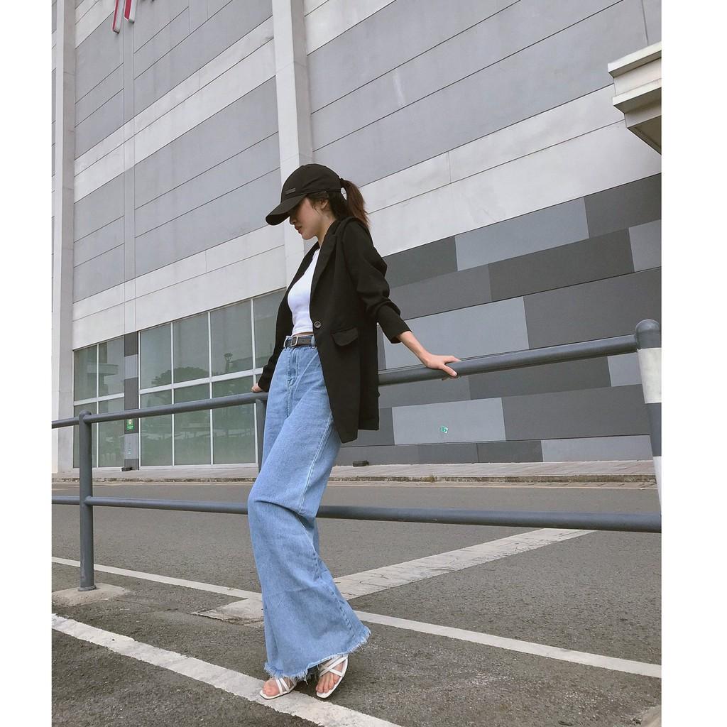 Quần jean nữ ống rộng lưng cao form suông Dài Cao Cấp để phối Hunter, Sneaker, Giày cao gót YUKIBLOOM QJD01