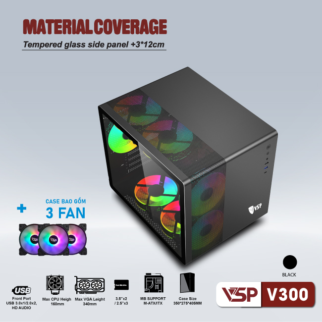 Vỏ máy tính Case VSP V300 [ĐEN] sẵn 3 Fan LED ARGB Gaming Kính cường lực (M-ATX/ ITX) - Hàng chính hãng VSP phân phối