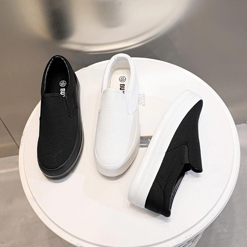 Slip on vải nữ - Giày lười vải nữ đế bánh mì - Vải thô màu trắng, đen đế trắng và đen full - Mã SP F362