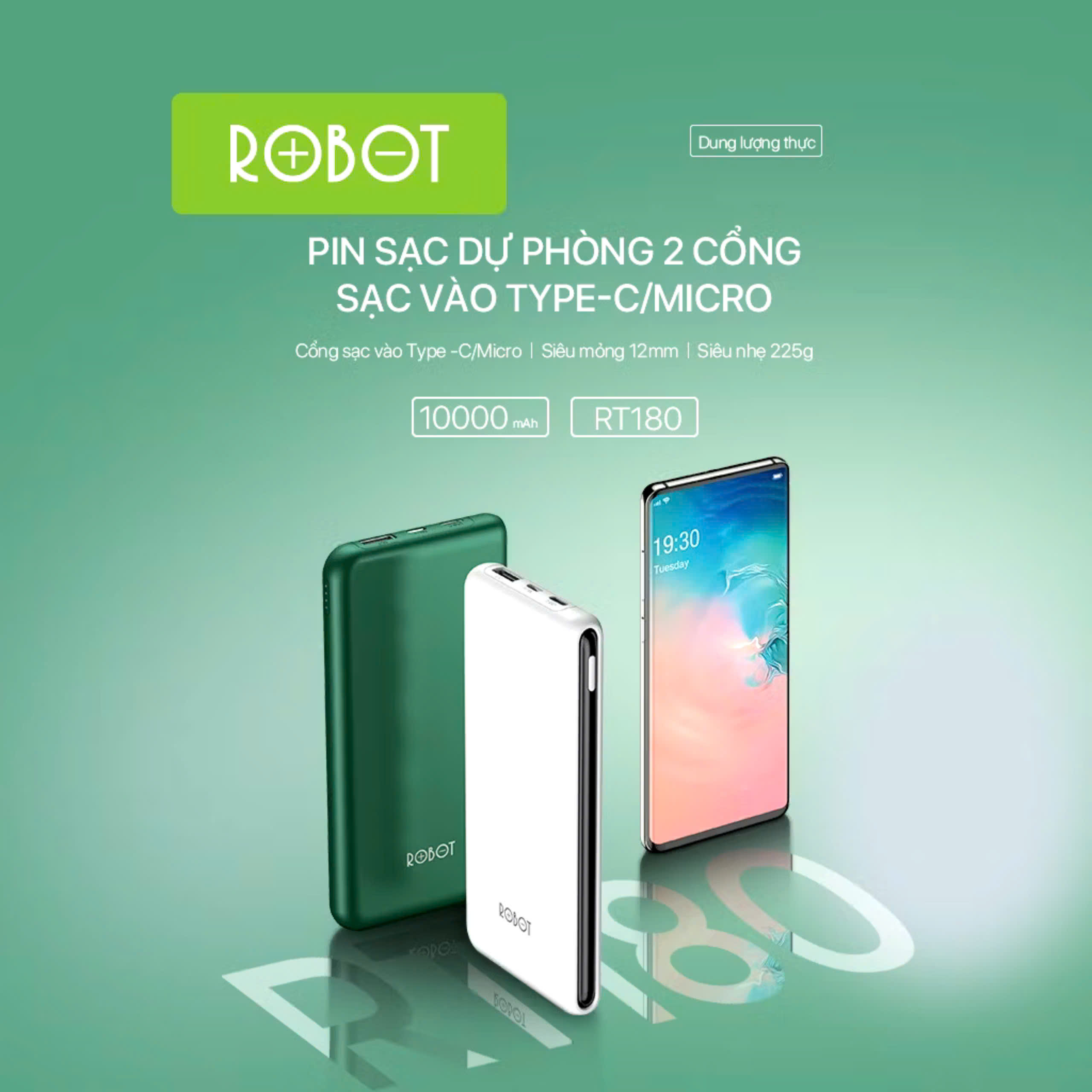 Pin Sạc Dự Phòng 10000mAh ROBOT RT180 RT12 Có 2 Cổng Sạc Ra USB &amp; 2 Cổng Sạc Vào Micro/Type-C, hàng nhập khẩu