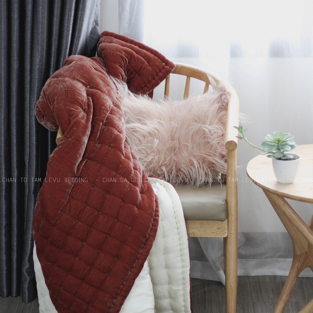 Chăn Nhung Lụa Chần Bông Điều Hòa Cao Cấp Dùng Bốn Mùa - Chăn Nhung Khâu Sa Hạt Màu Sangria I Silk Velvet Blanket.
