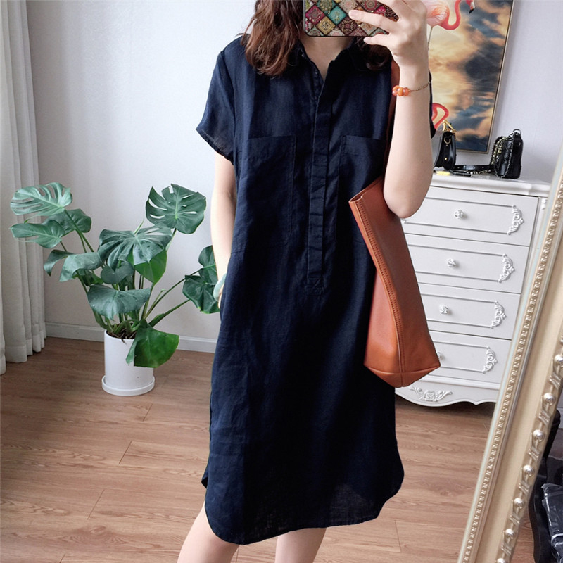 Đầm linen dáng suông cổ sơ mi 2 túi ốp ngực trẻ trung ArcticHunter, thời trang thương hiệu chính hãng - Xanh than