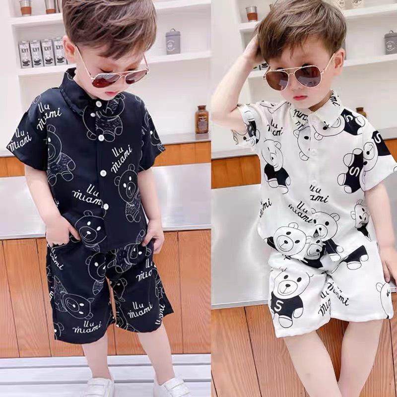 Set Áo Sơ Mi Gấu Ngắn Tay Cổ Bẻ + Quần Short Lưng Thun Thời Trang Hàn Quốc Cho Bé Trai 7-28kg - SUMO KIDS