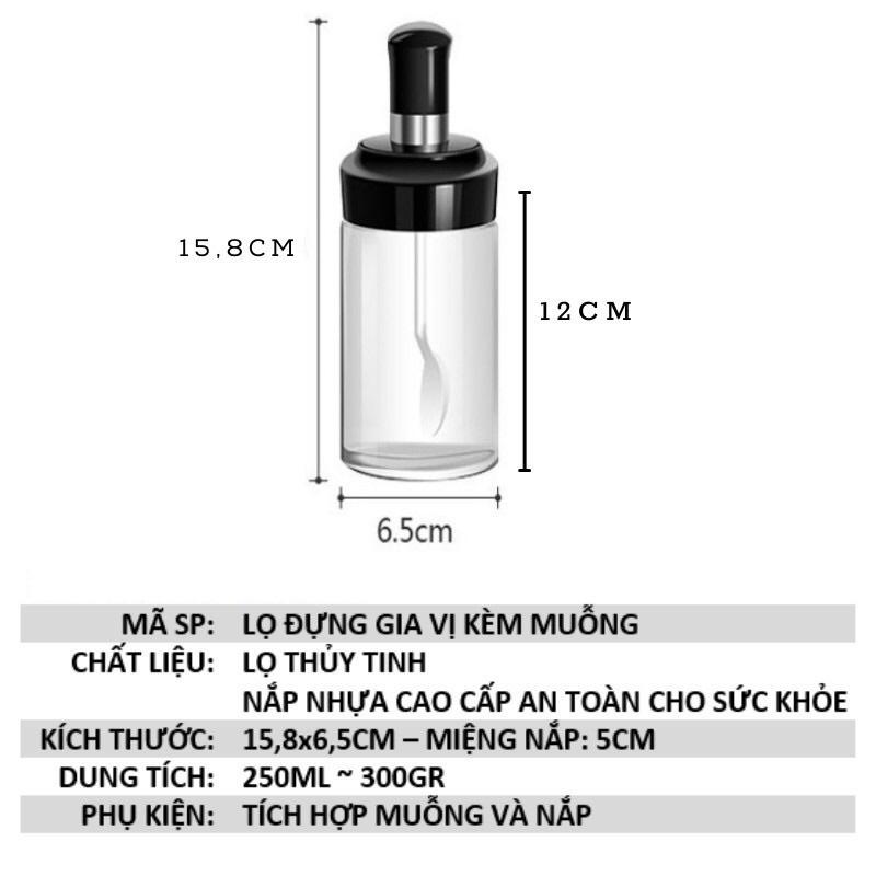 Hũ Đựng Gia Vị chống ẩm kèm thìa muỗng, lọ đựng gia vị thủy tinh 250ml