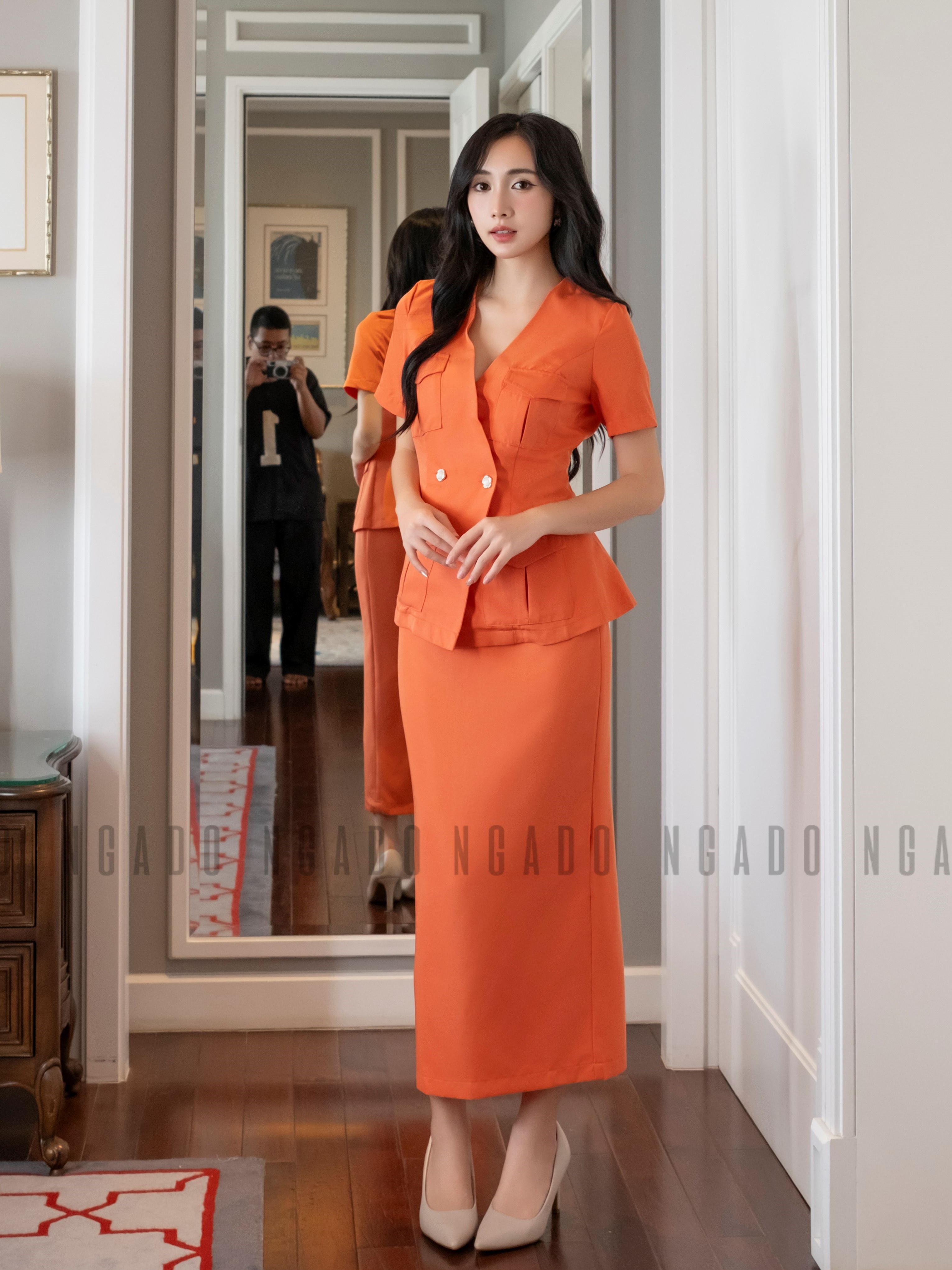 Set áo váy cam NGADO , set đồ nữ , Set váy bút chì kèm áo , Đồ công sở , Set thiết kế