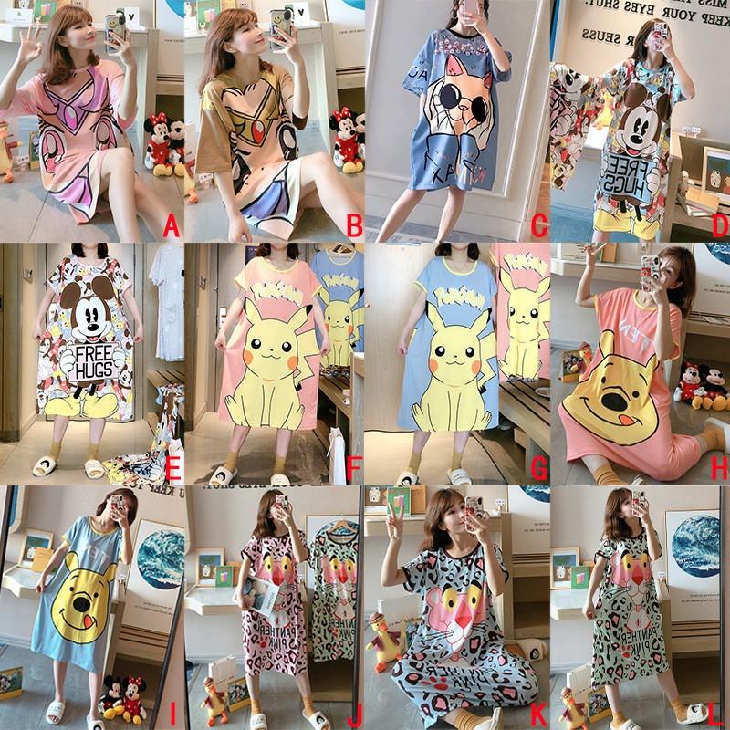 Đầm Ngủ Ngắn Tay In Họa Tiết Hoạt Hình Xinh Xắn Dành Cho Nữ