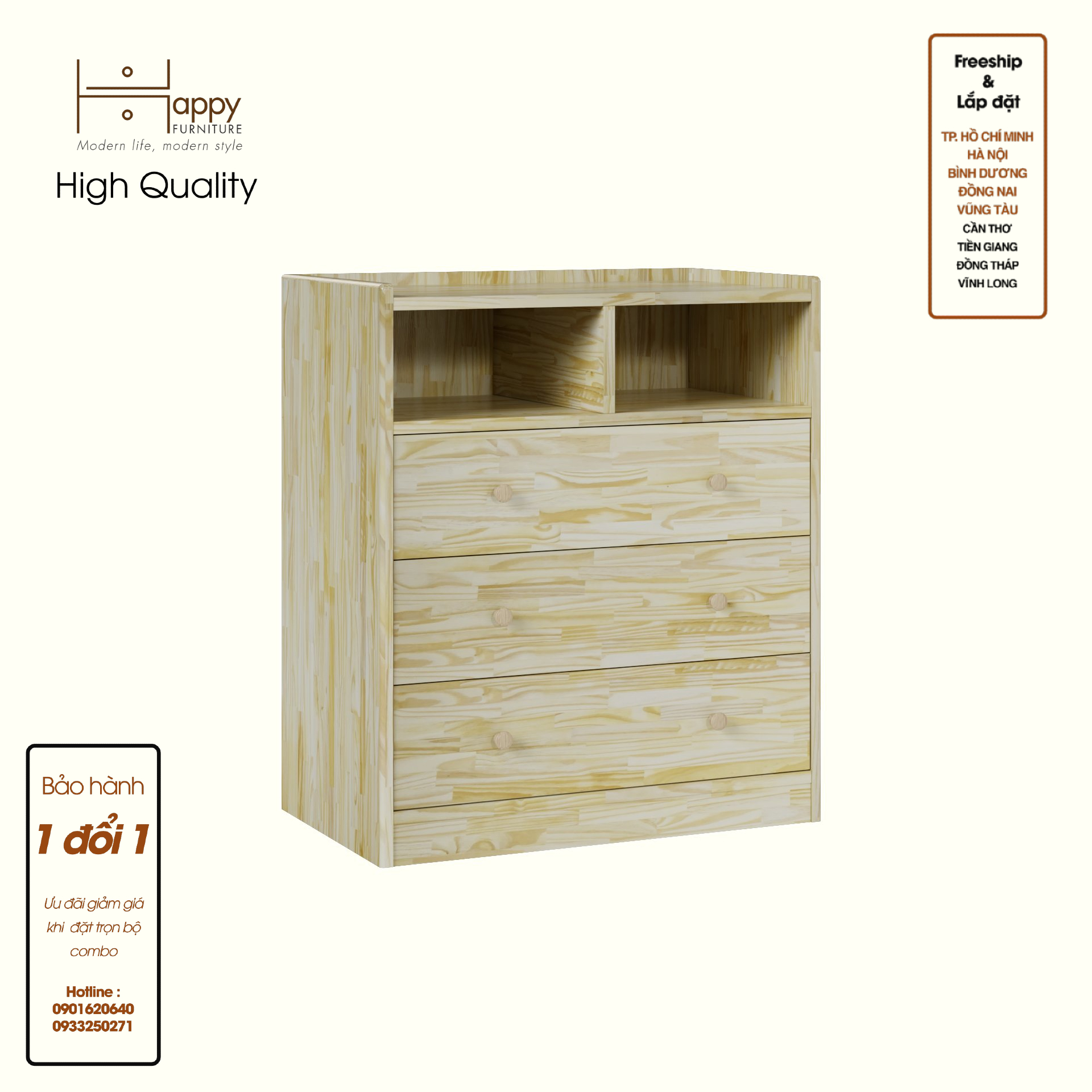 HAPPY FURNITURE , Gỗ tự nhiên , Tủ lưu trữ 3 ngăn kéo - GAMZE , THK_189, 70cm x 45cm x 82cm