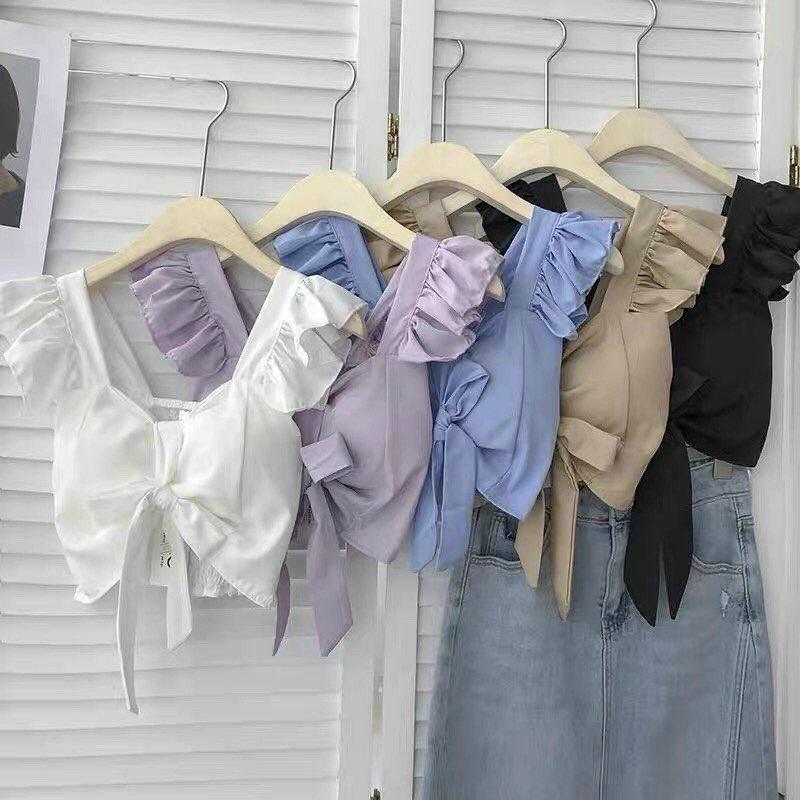 Áo hai dây nữ croptop buộc nơ ngực dáng ôm kiểu cánh tiên ống 2 dây bản lớn HIJUNE CT01