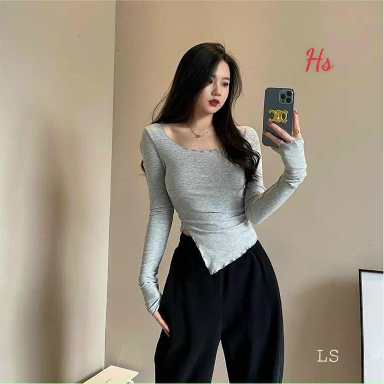 Áo Body Nữ Dài Tay Xẻ Tà, Áo Thun Nữ Cổ Bèo Vạt Lệch