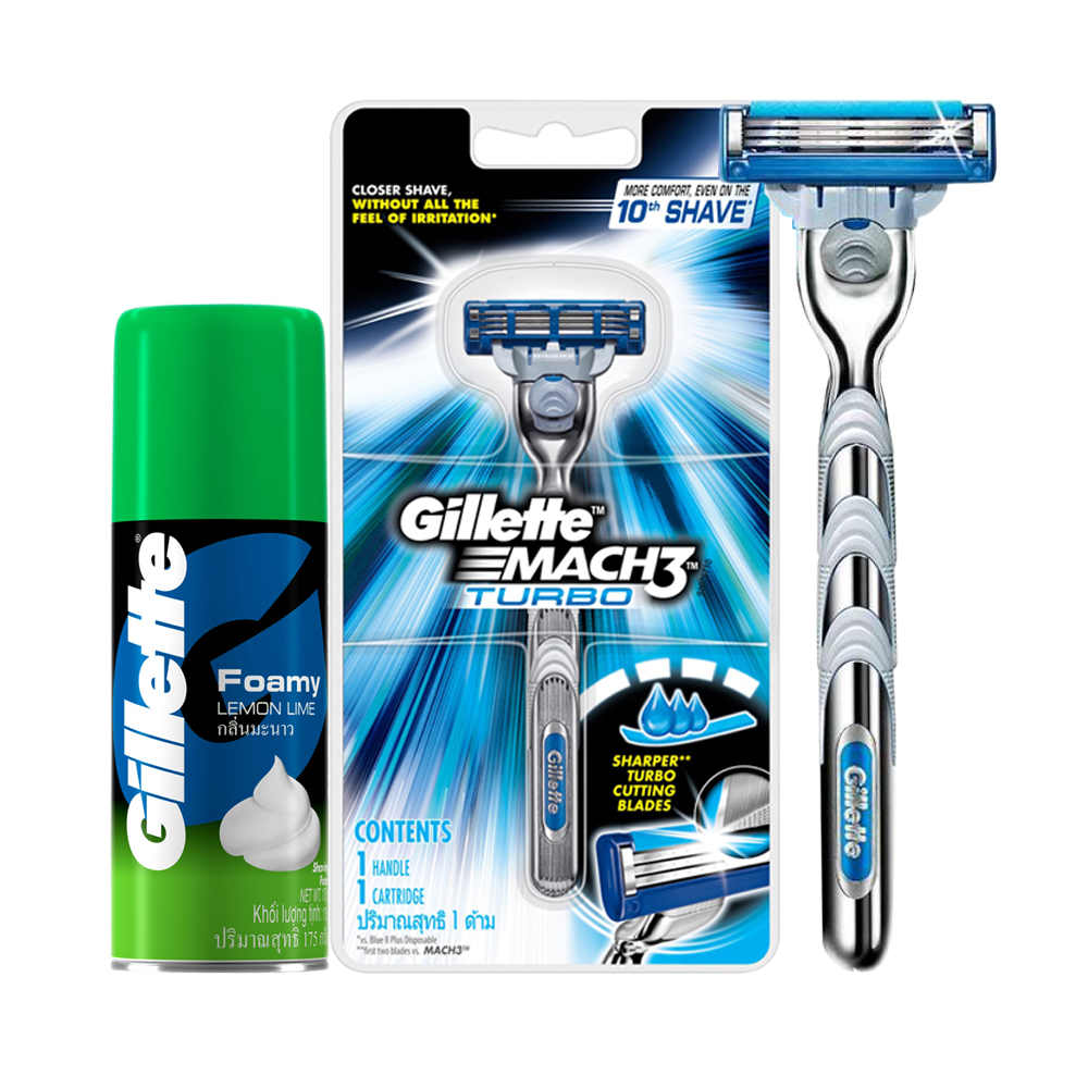 Dao Cạo Râu Gillette Mach 3 Turbo Và Bọt Cạo Râu Gillette Hương Chanh Chai 175G