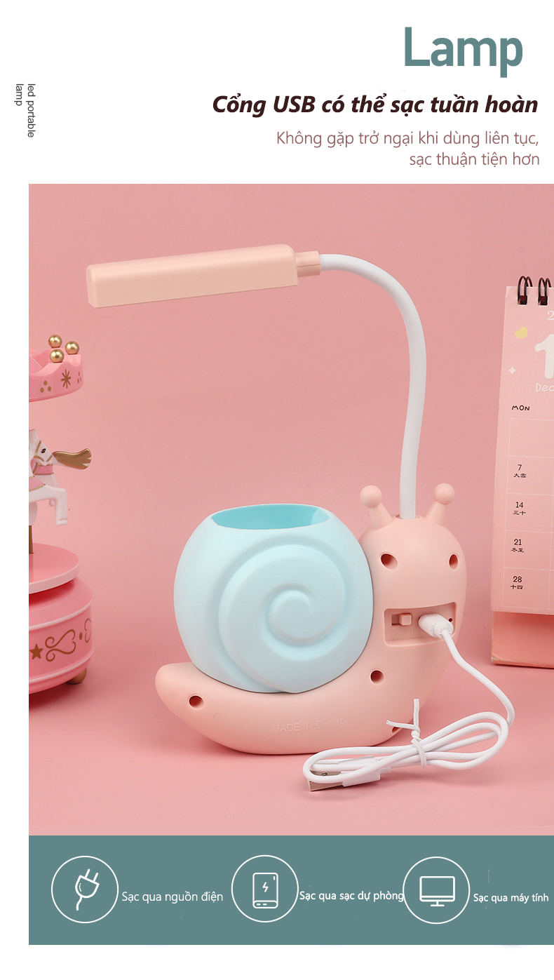 Đèn học để bàn sạc usb hình thú dễ thương Có Thể Gập Xoay 360 độ LED Chống Cận - hình ốc sên - màu ngẫu nhiên