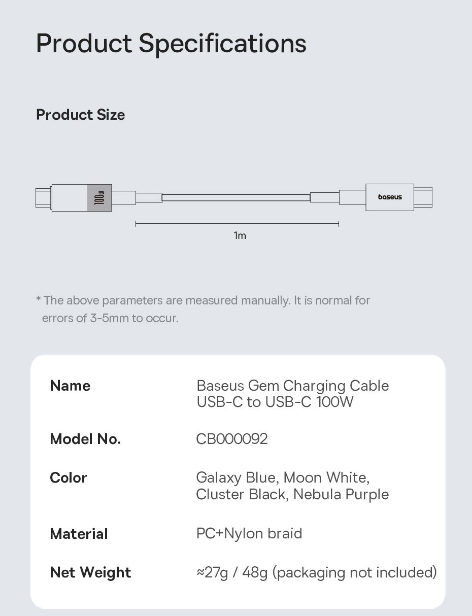 Cáp sạc nhanh Type C to Type C 100W Baseus Gem Fast-Charging Data Cable - Hàng chính hãng