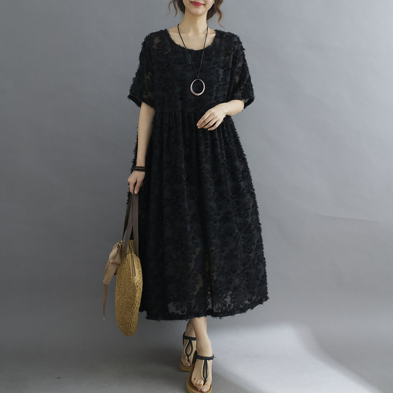 Women Floral Lace Dress Elegant Mid-Calf Loose O-Neck Short Sleeves Dress Plus Size
