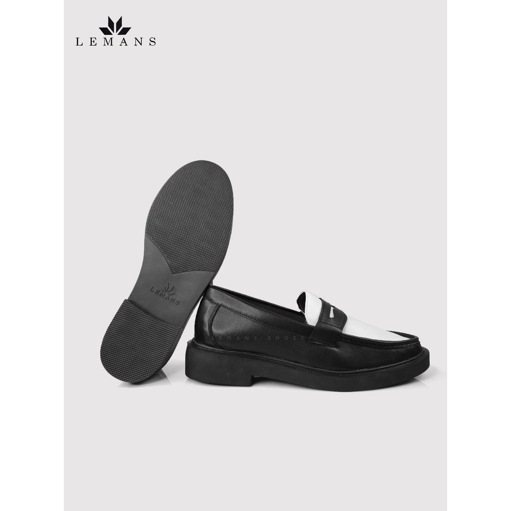 Giày da bò Penny Loafer Black White LEMANS, đế Lemans tăng chiều cao 4cm cho nam, giày lười nam, giầy da, bảo hành 12-24 tháng