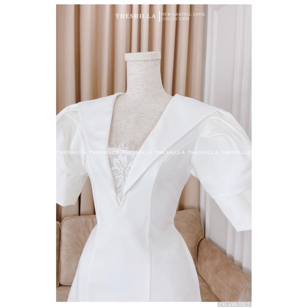 Váy thiết kế cao cấp màu trắng cổ V phối ren The Shilla - Cilami-52C1