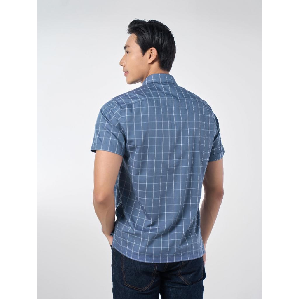 OWEN - Áo Sơ mi ngắn tay Owen vạt ngang chất sợi tre xanh ghi kẻ ô 230131
