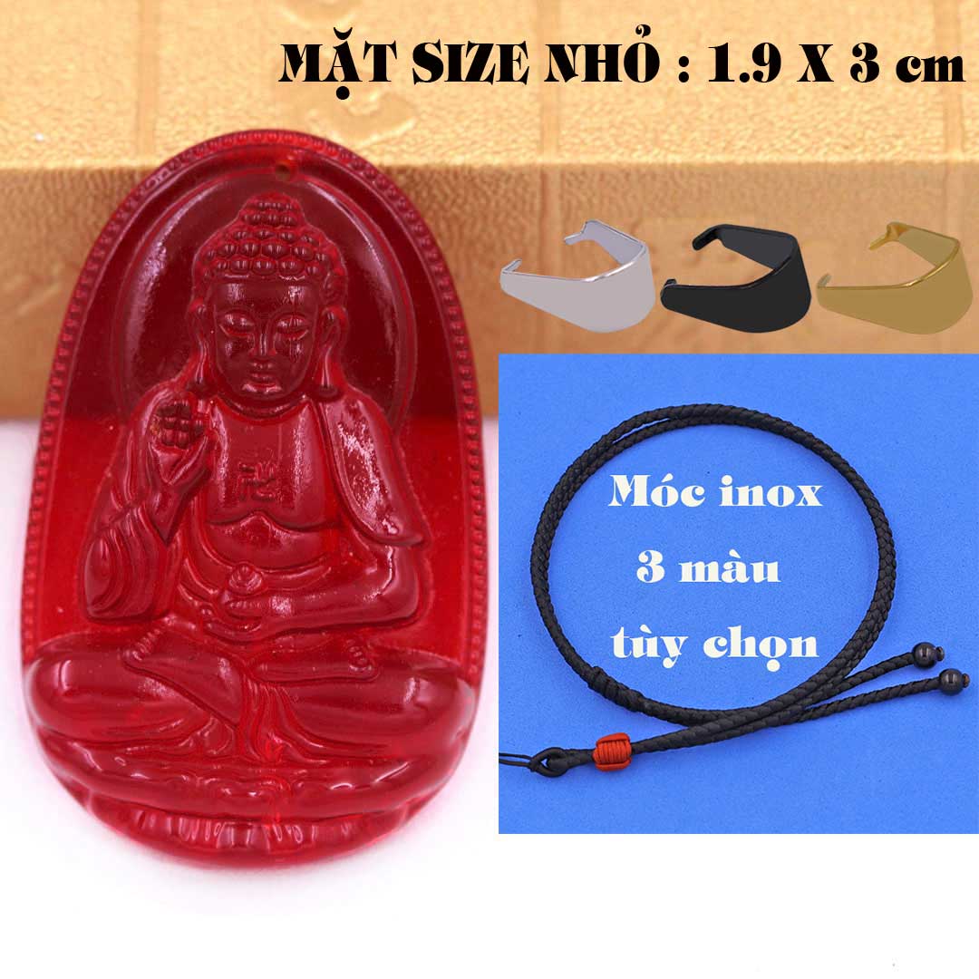 Mặt Phật A di đà pha lê đỏ 1.9cm x 3cm  kèm vòng cổ hạt chuỗi đá đen + móc inox vàng, Phật bản mệnh, mặt dây chuyền