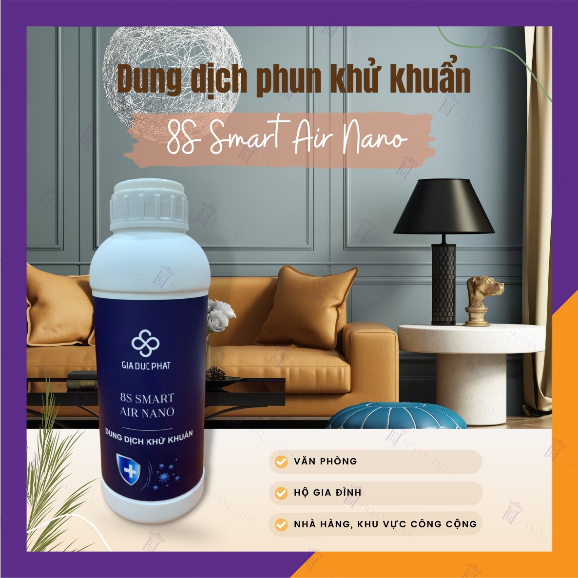 Dung Dịch Khử Khuẩn Nano Bạc - Hoàng Gia 8S SMART AIR NANO - Hàng Cao Cấp - Dùng Cho Máy Phun Sương Khử Khuẩn Văn Phòng, Hộ Gia đình, Xe ô tô - Công Nghệ Nano Bạc Giúp Diệt 99.99% Vi Khuẩn, Hương SẢ CHANH thơm mát