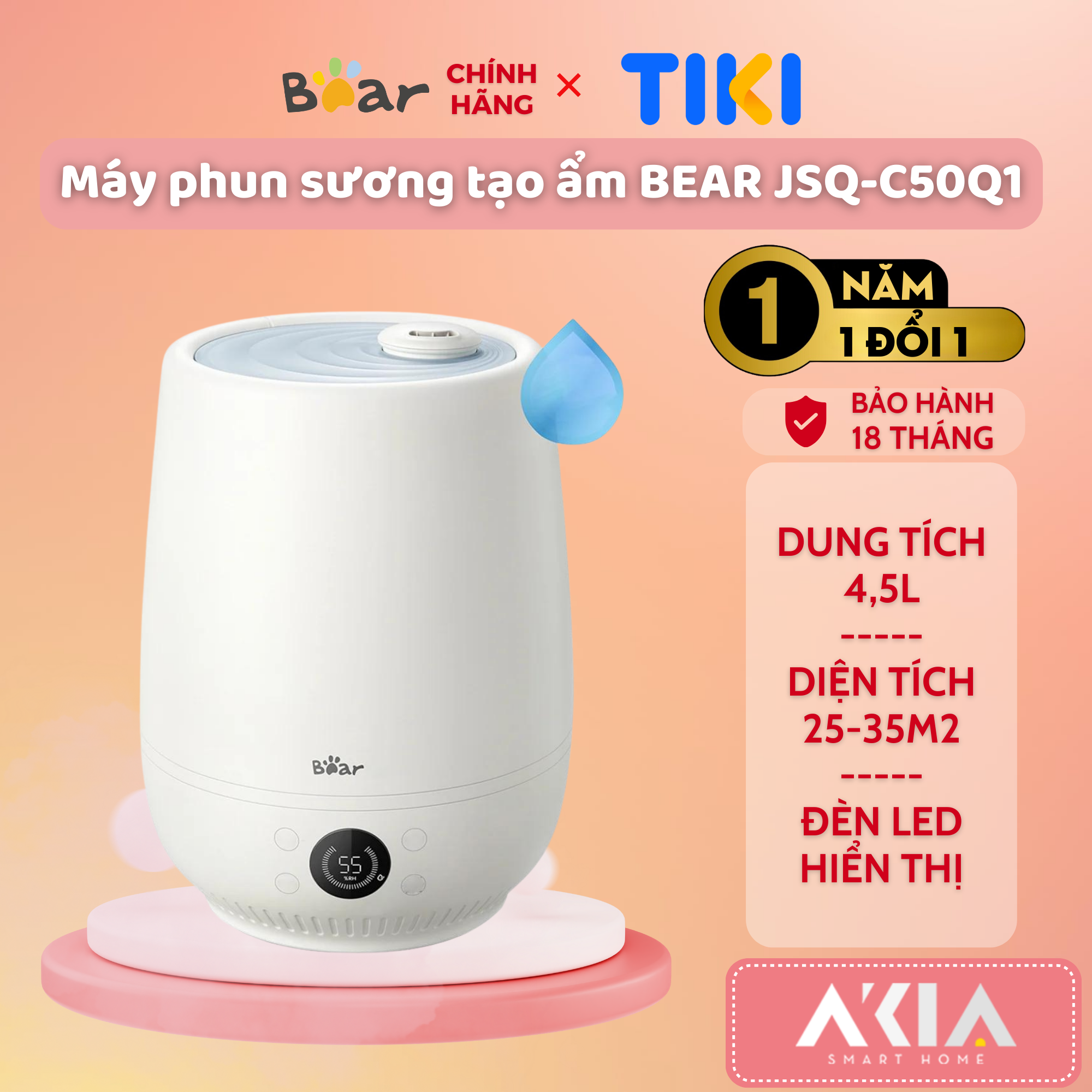 Máy phun sương tạo ẩm Bear JSQ-C50Q1 - Dung tích 4.5L, Dùng cho phòng diện tích 25-35m2, Không tiếng ồn - Bản Quốc tế, Hàng chính hãng