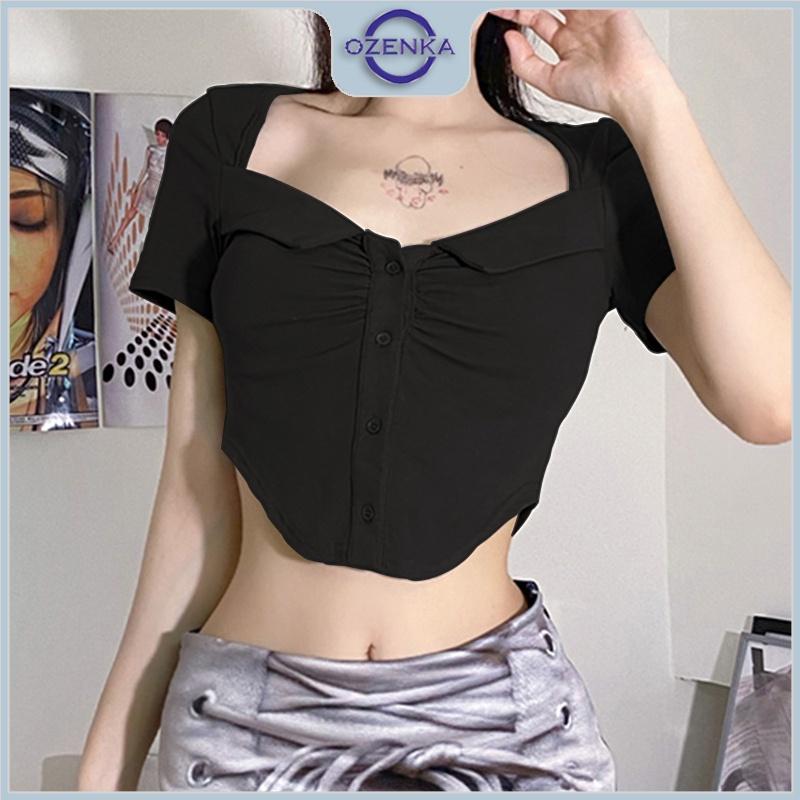 Áo croptop kiểu cổ rộng cài khuy vạt bầu nữ ozenka , áo thun crt ngắn cộc tay màu đen trắng nhún giữa gợi cảm