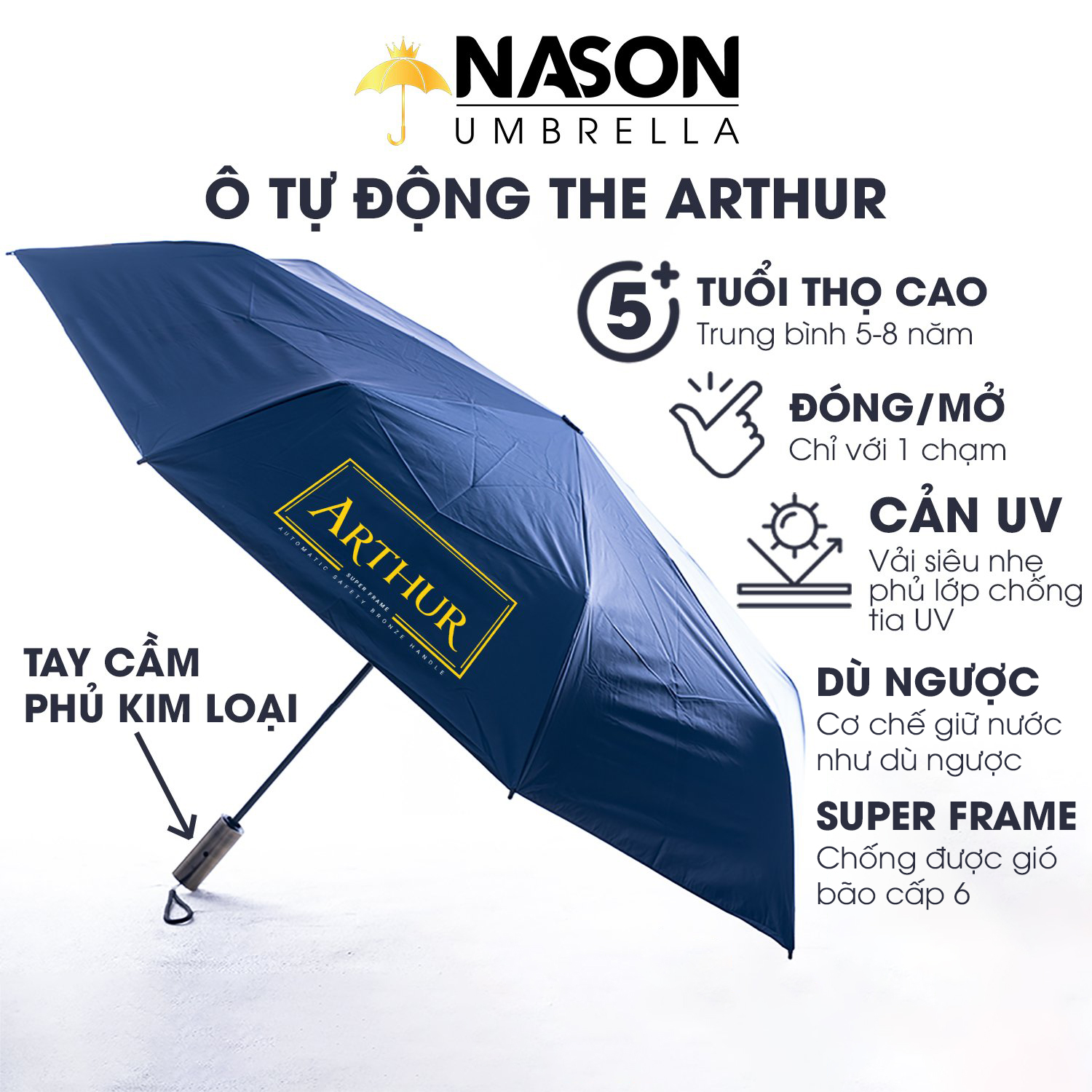 Ô dù tự đông thông minh Nason Umbrella The Arthur tự động đóng mở 2 chiều, tay cầm phủ kim loại cao cấp màu Bronzo, dù tự động gấp ngược, chống gió bão cấp 6