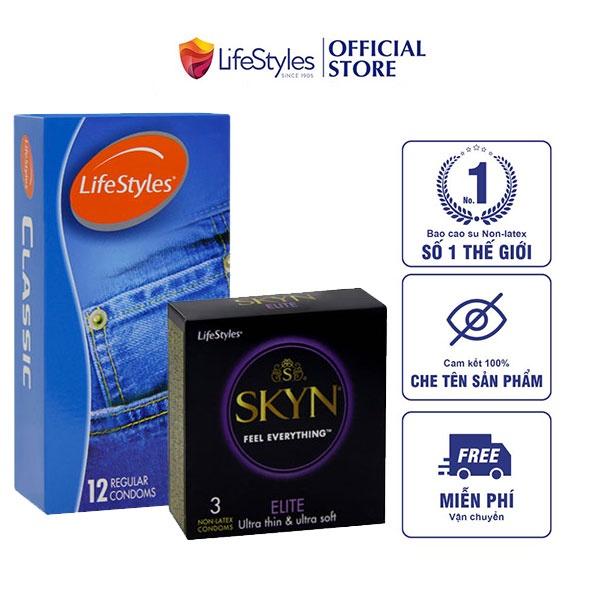 Combo 1 Hộp Bao Cao Su LifeStyles SKYN Elite Non-latex 3 bao + 1 Hộp Bao Cao Su LifeStyles Classic 12 bao