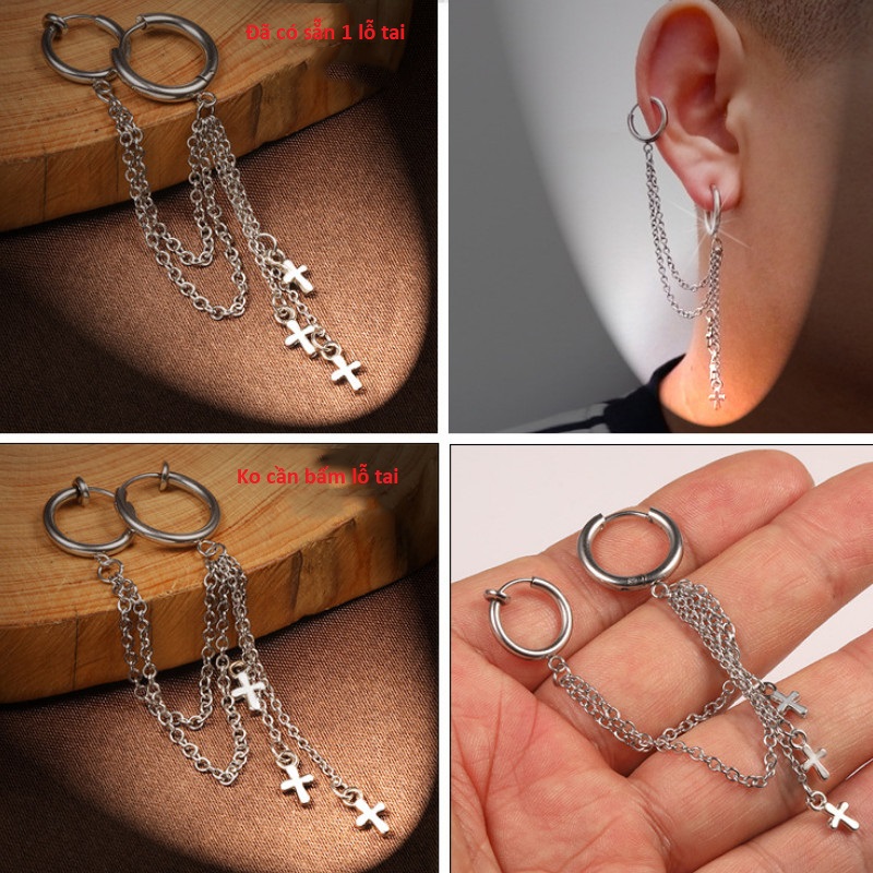 Bông Tai Nam Nữ Tua Rua Đã Bấm Hay Chưa Bấm Tai Đều Đeo Được Chất Liệu Thép Titan Ko Đen TT 2316 - 1 Chiếc