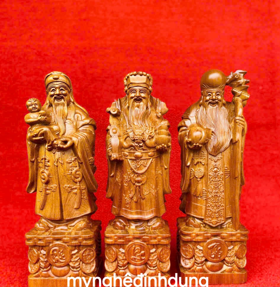 Bộ tượng phật tam đa phúc lộc thọ bằng gỗ bách xanh thơm nức cao 30x11x9cm