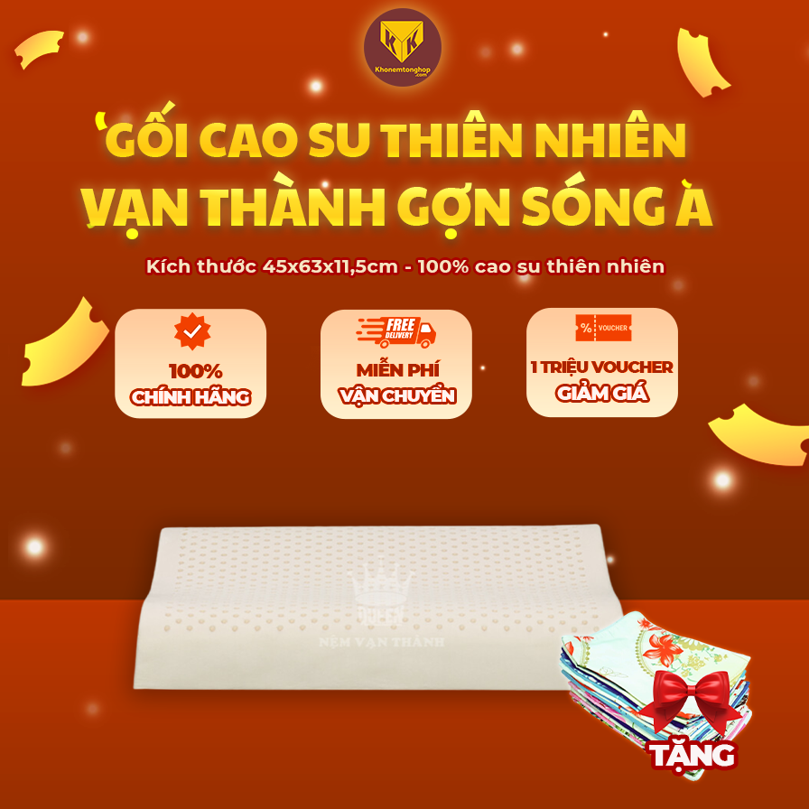 Gối cao su Vạn Thành gợn sóng A, hỗ trợ căn chỉnh cột sống, bảo vệ đốt sống cổ, 100% từ cao su thiên nhiên - Tặng kèm vỏ gối