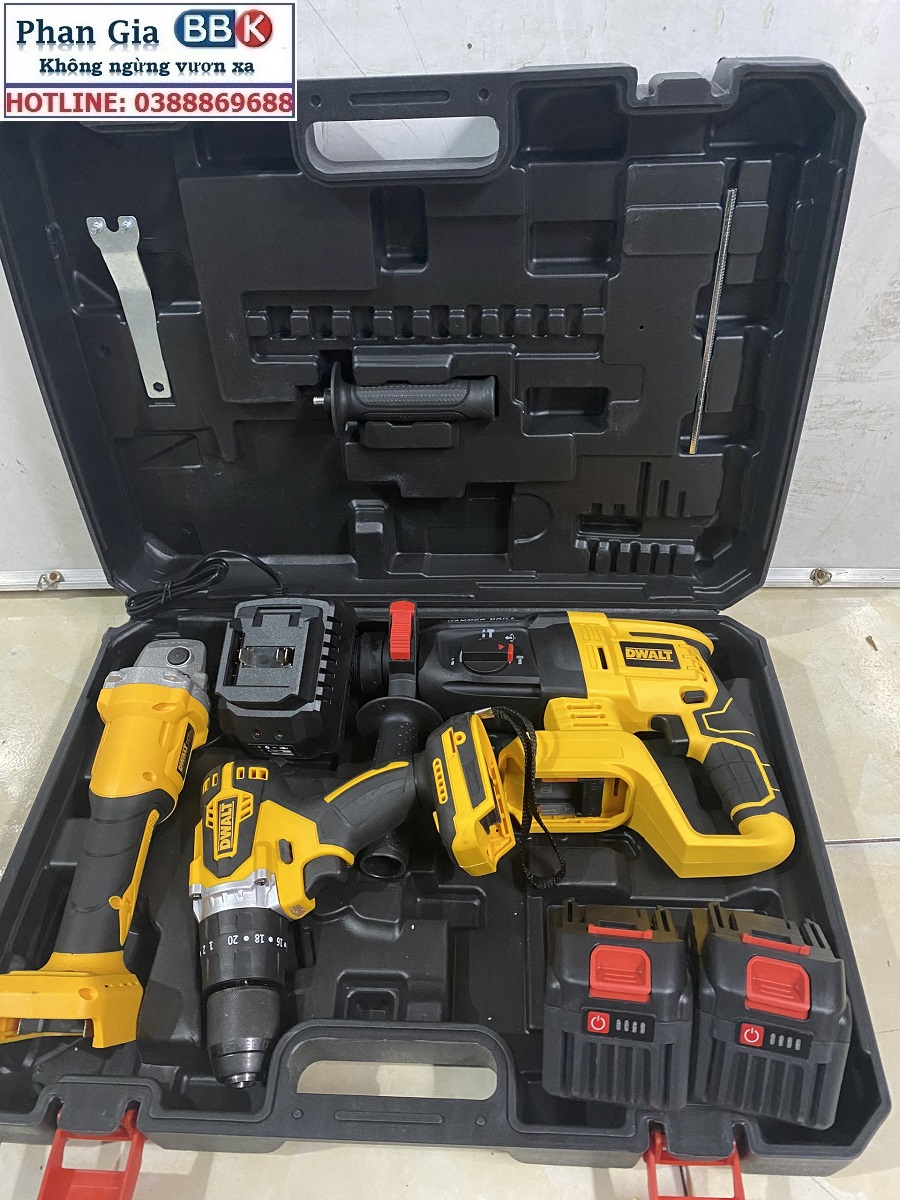 Bộ Combo Máy Khoan Đục Bê Tông, Máy Mài Và Máy Khoan Pin Dùng Pin 199V, 2 Pin 15Cell, Động Cơ Không Chổi Than, Bảo Hành 12 Tháng