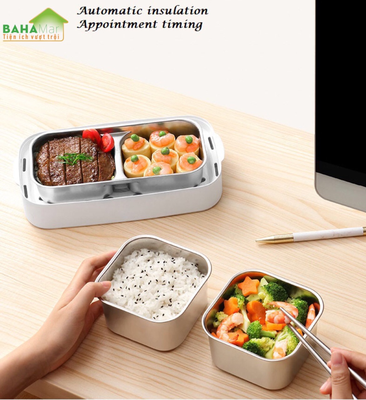 NỒI CƠM ĐIỆN MINI ĐA NĂNG TỰ ĐỘNG CHỈNH THỜI GIAN - HỘP HÂM NÓNG THỨC ĂN "BAHAMAR" Có 6 chức năng
