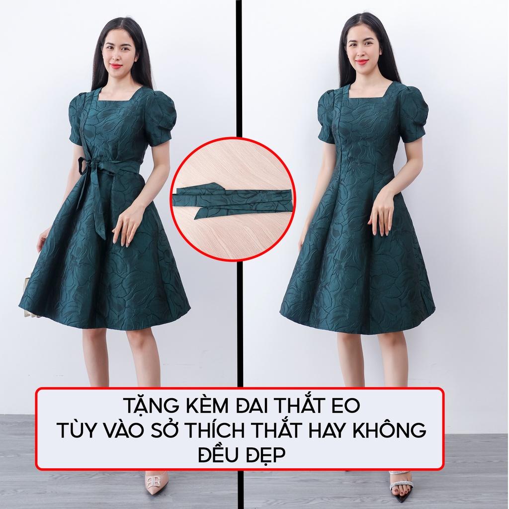 Đầm trung niên sang trọng AMYRA, thiết kế dự tiệc dáng xòe cổ vuông cao cấp cho mẹ đi tiệc bigsize gấm cứng da162