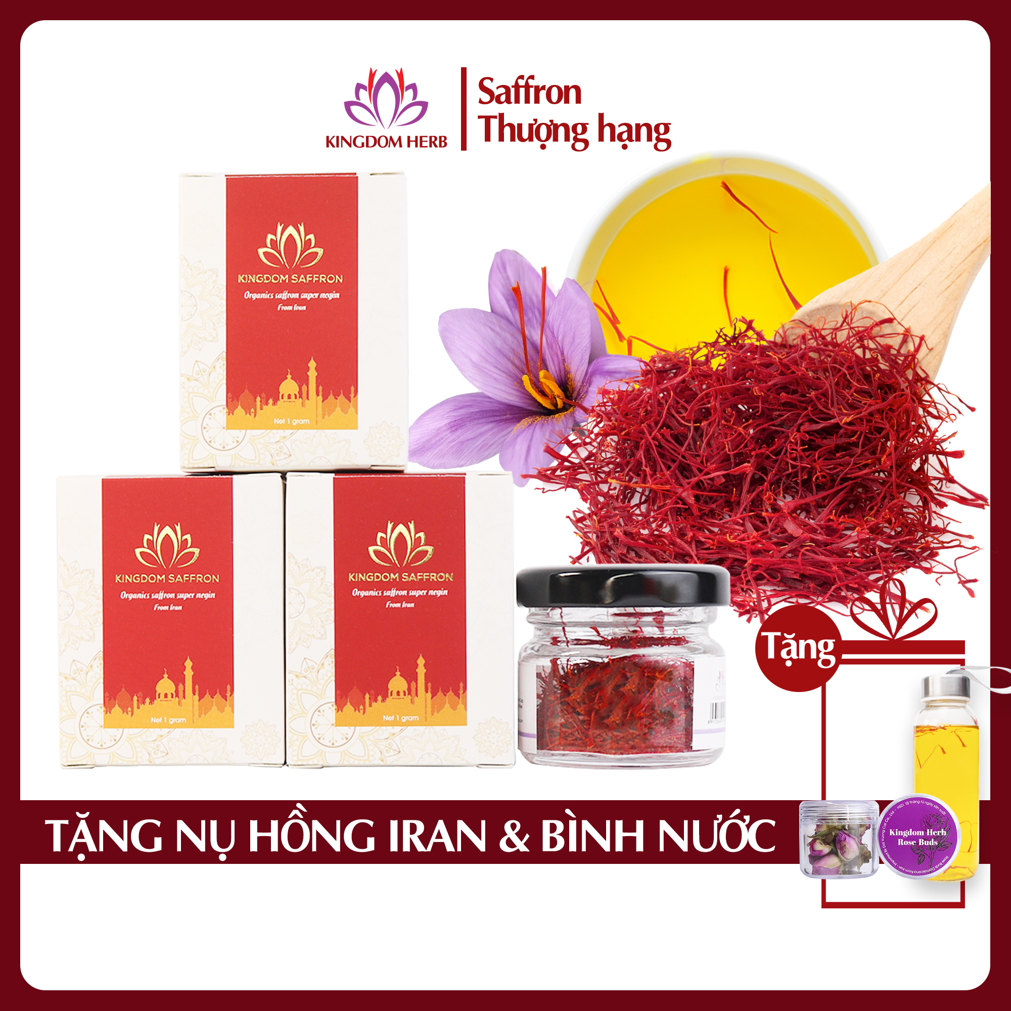 Combo 3 hộp (hộp/1gr) saffron Kingdom Herb, nhụy hoa nghệ tây Iran chính hãng super negin thượng hạng (Tặng táo đỏ Tân Cương 10g, bình nước và nhíp gắp)