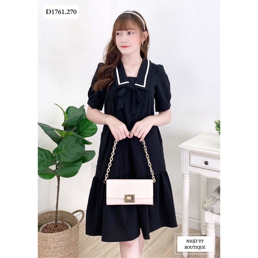 Váy suông nữ,đầm suông nữ cộc tay cổ viền trắng thắt nơ dáng đuôi cá 3 màu xinh xắn