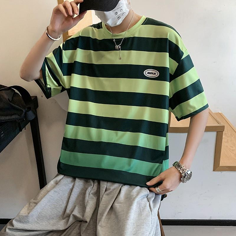 Áo Thun Nam Tay Ngắn Dáng Rộng Họa Tiết Sọc Ngang Thời Trang