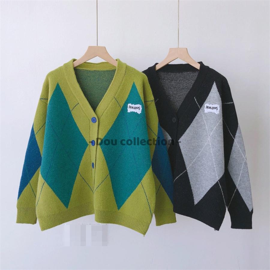 Áo Khoác Cardigan Form Rộng Họa Tiết Hình Thoi, Áo Khoác Len Thời Trang Thu Đông - Dou Collection - Mã TA026