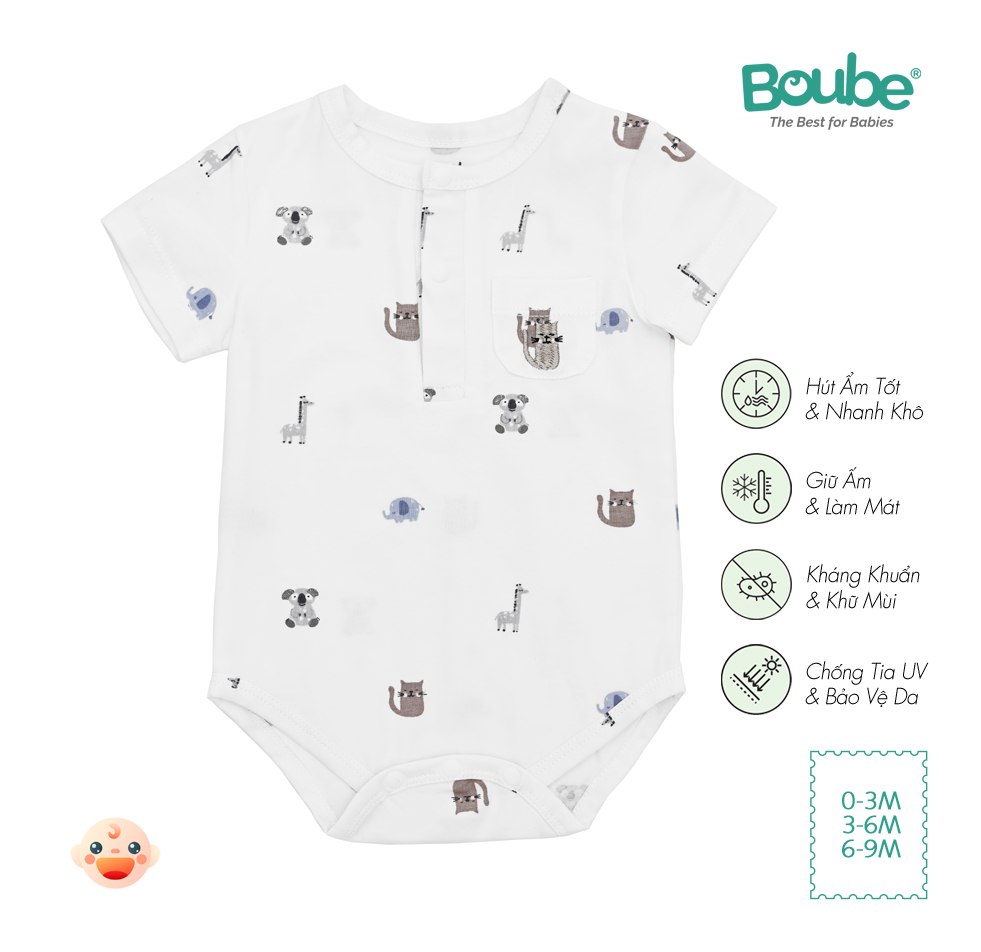 Bộ liền thân tam giác, bodychip ngắn tay họa tiết cho bé sơ sinh Boube, vải Cotton organic thoáng mát - Size 0-9M