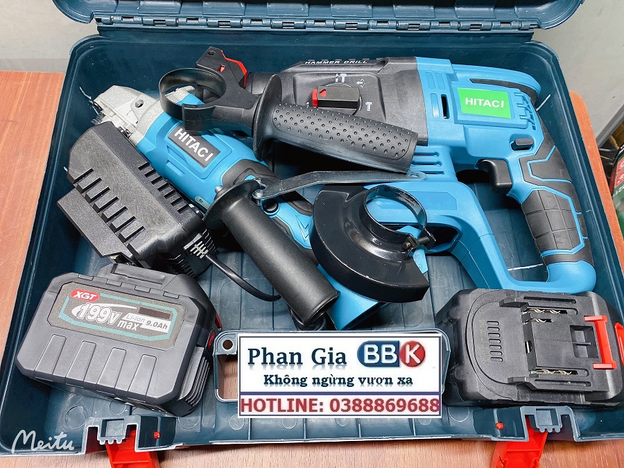 Bộ Combo 2 Máy Gồm Máy Khoan Đục Bê Tông Và Máy Cắt, Máy Mài Cầm Tay Dùng Pin 15 Cell 199V Lõi Đồng - Động Cơ Không Than