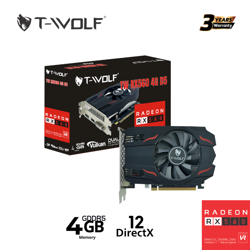 VGA T-WOLF TW-RX560 4G D5 (RX560/4GB/GRRD5/128bit/HDMI-DP-DVI/1Fan) - Hàng Chính Hãng