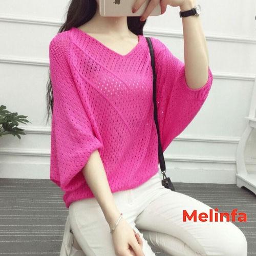 Áo len nữ mỏng cổ V cánh dơi dập lỗ len dệt kim mềm mịn co giãn mặc mùa hè mã VAA0315