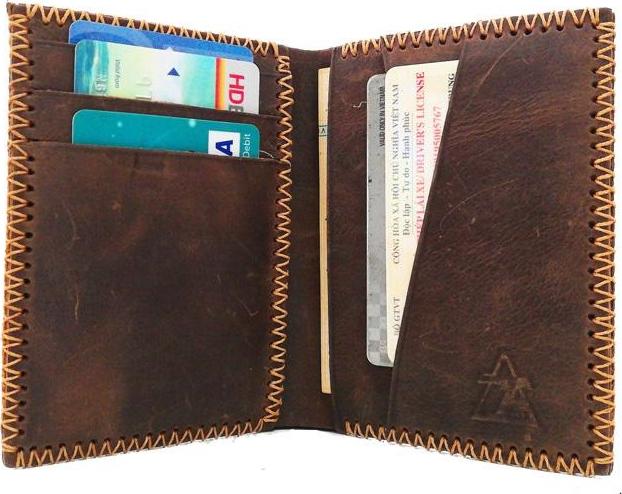 VÍ THỦ CÔNG DA BÒ THẬT 100%- MÀU NÂU SÁNG DÁNG ĐỨNG