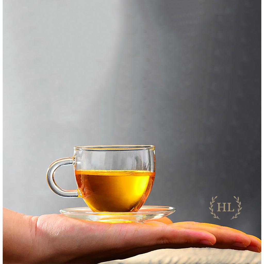 CHÉN ĐĨA THỦY TINH QUAI | Chén thủy tinh chịu nhiệt chuyên dùng cho trà hoa cúc 100ml kèm đĩa kê thủy tinh chịu nhiệt