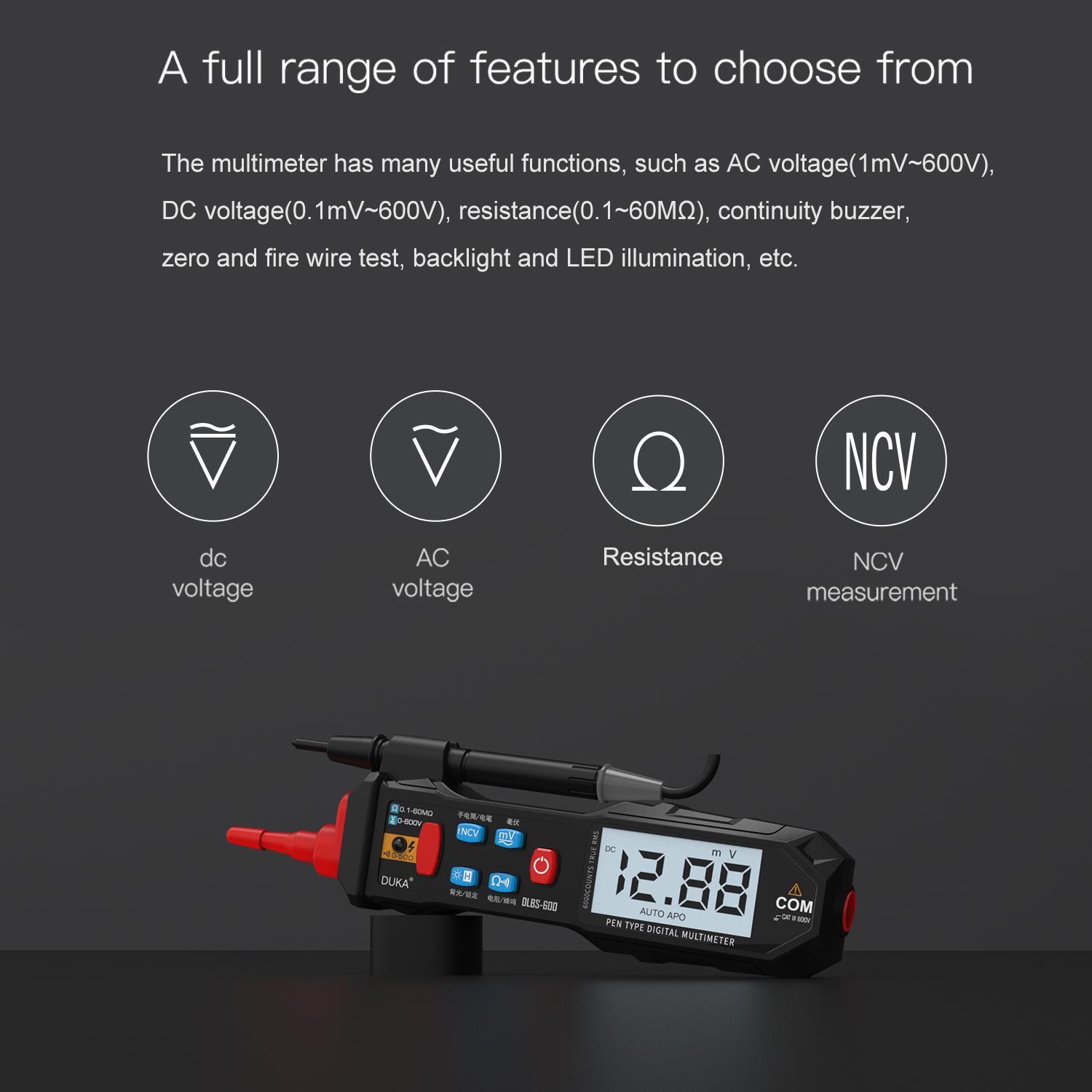 Pen Type Digital Multimeter 6000 Counts NCV Multi Tester Measuring DC/AC Voltage Resistance Continuity Zero/Live Wire