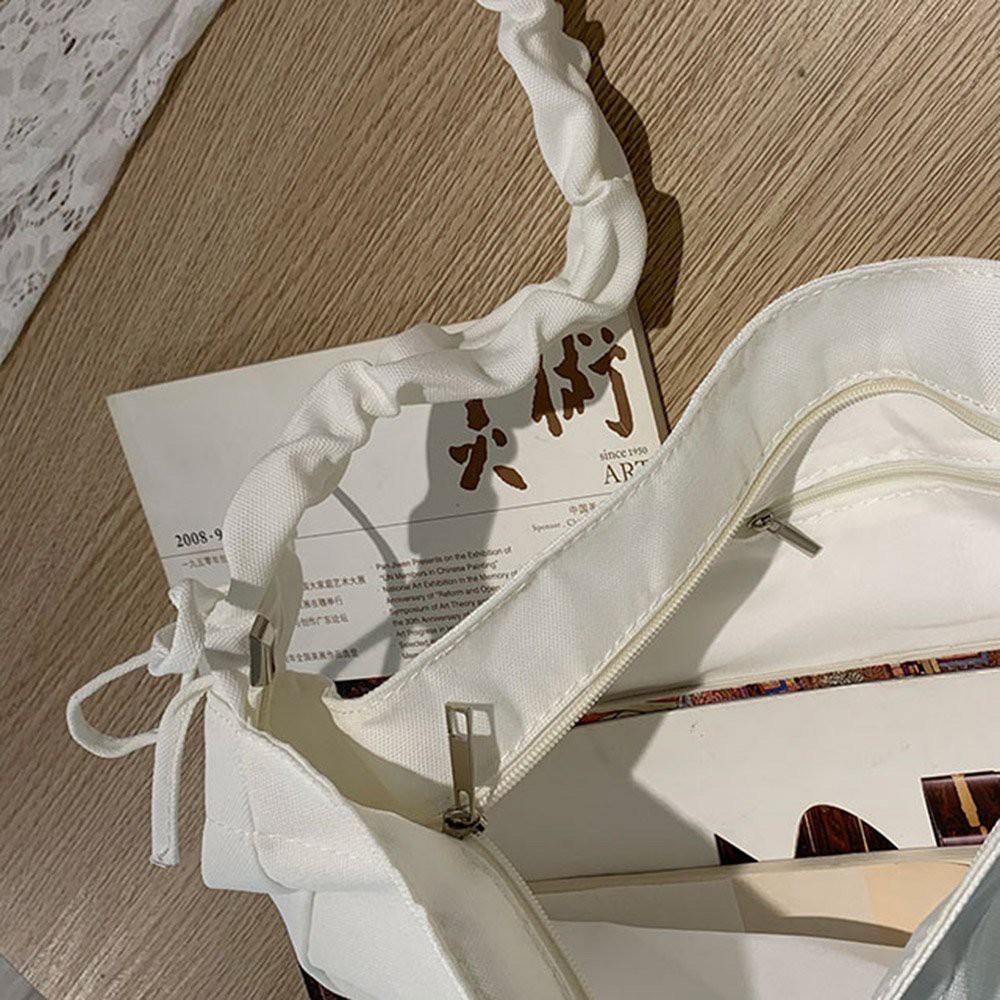 Túi vải canvas dây rút phong cách Ulzzang có khóa kéo túi phụ