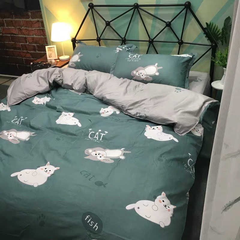 Bộ chăn ga gối cotton LIDACO PL1 - Mèo Béo Xanh