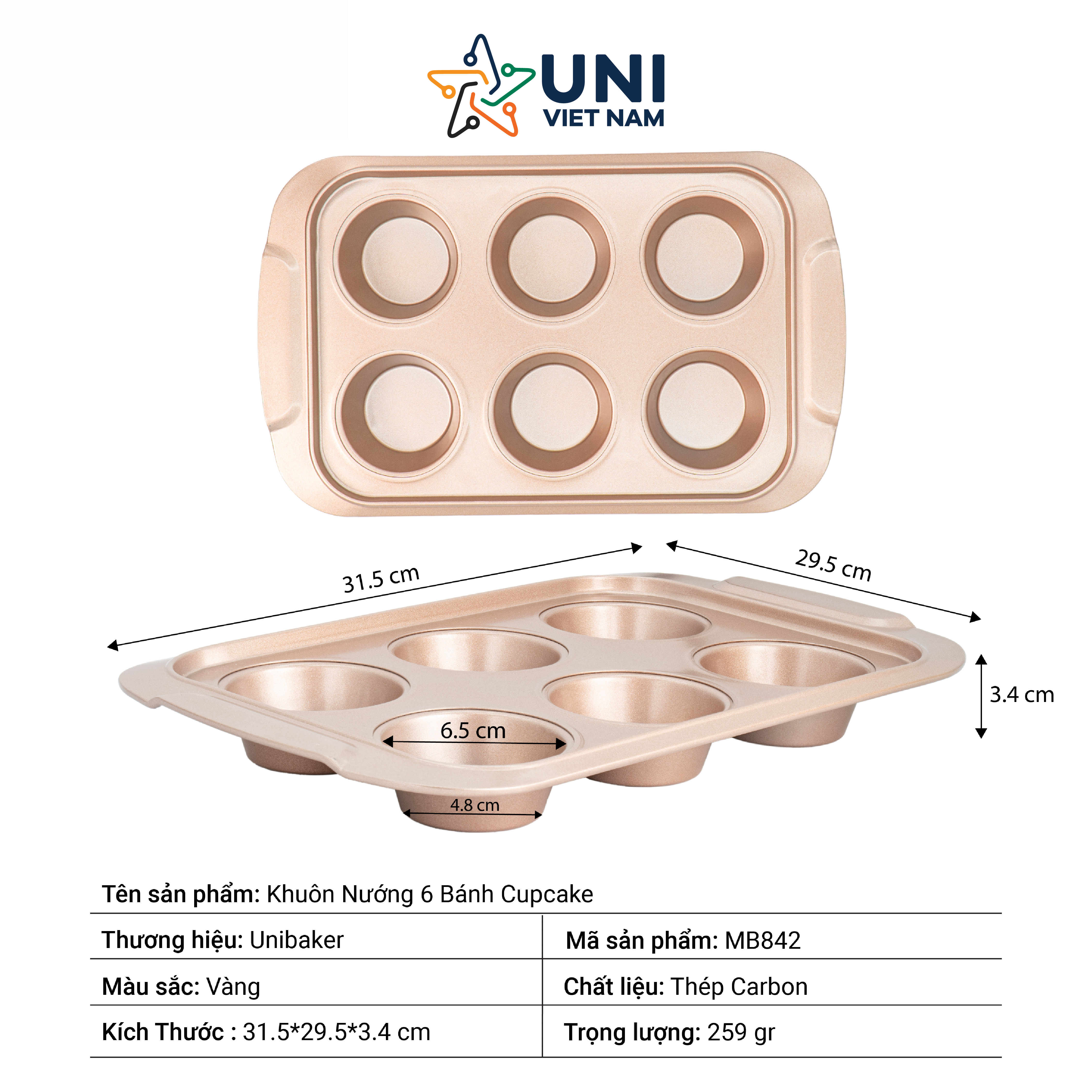 KHUÔN NƯỚNG 6 BÁNH CUPCAKE UNIBAKER MB842