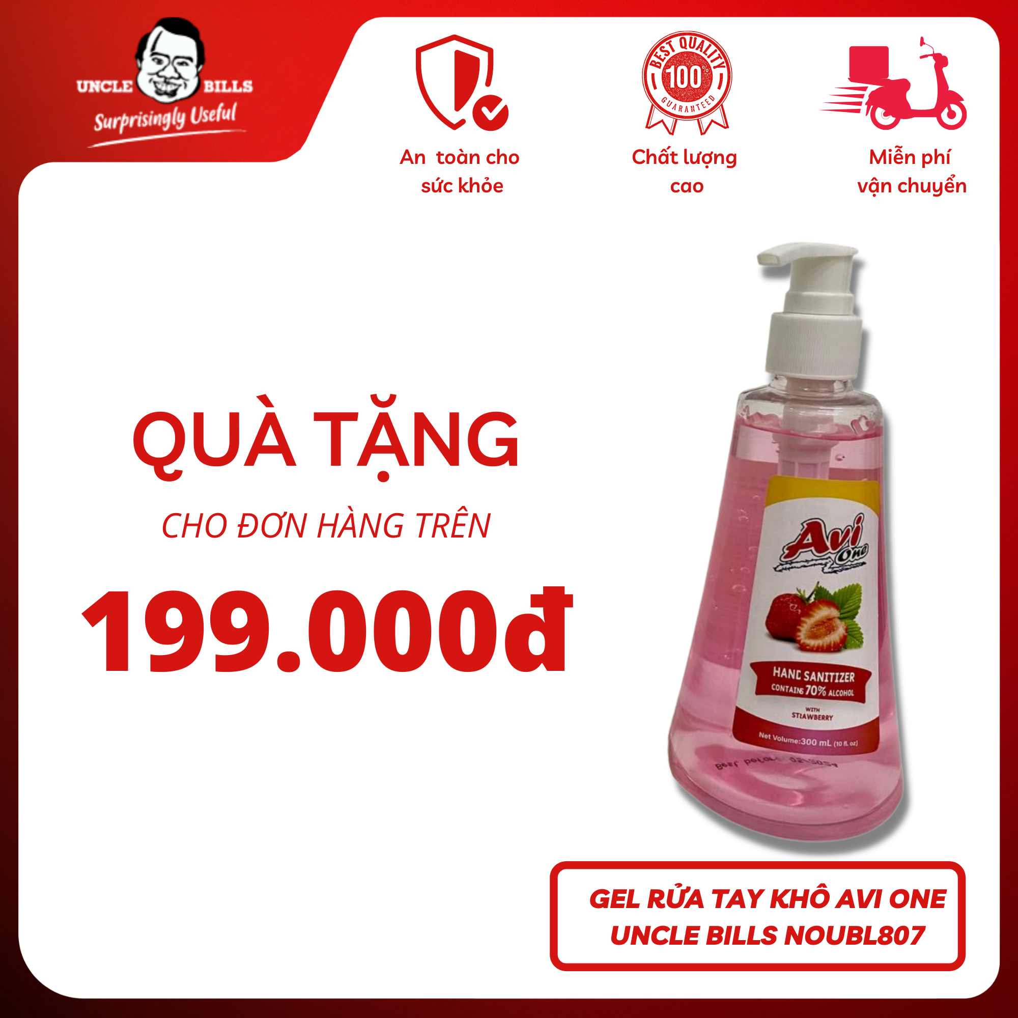 Nước Rửa Tay Khô 300ml Avi One Chứa Đến 70% Diệt Khuẩn Hương Chanh, Dâu, Trà Xanh Diệt Khuẩn Nhanh Bảo Vệ Sức Khỏe Uncle Bills NOUBL807