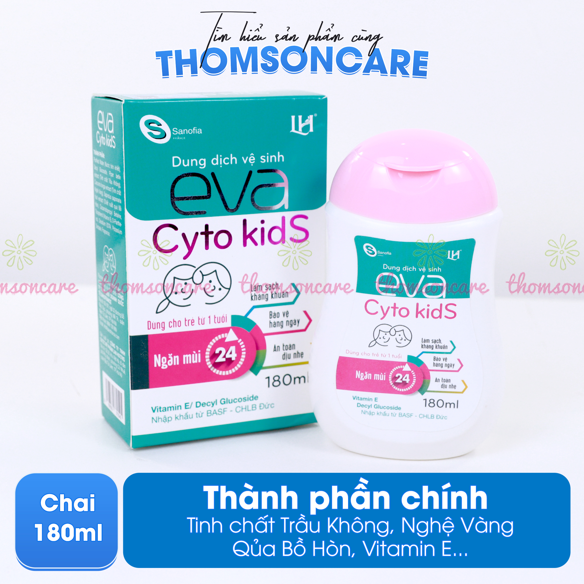 Dung dịch vệ sinh cho bé Eva Cyto Kids, giúp khử mùi, làm sạch, làm dịu mát da từ tinh chất trầu không - Chai 180ml Thomsoncare